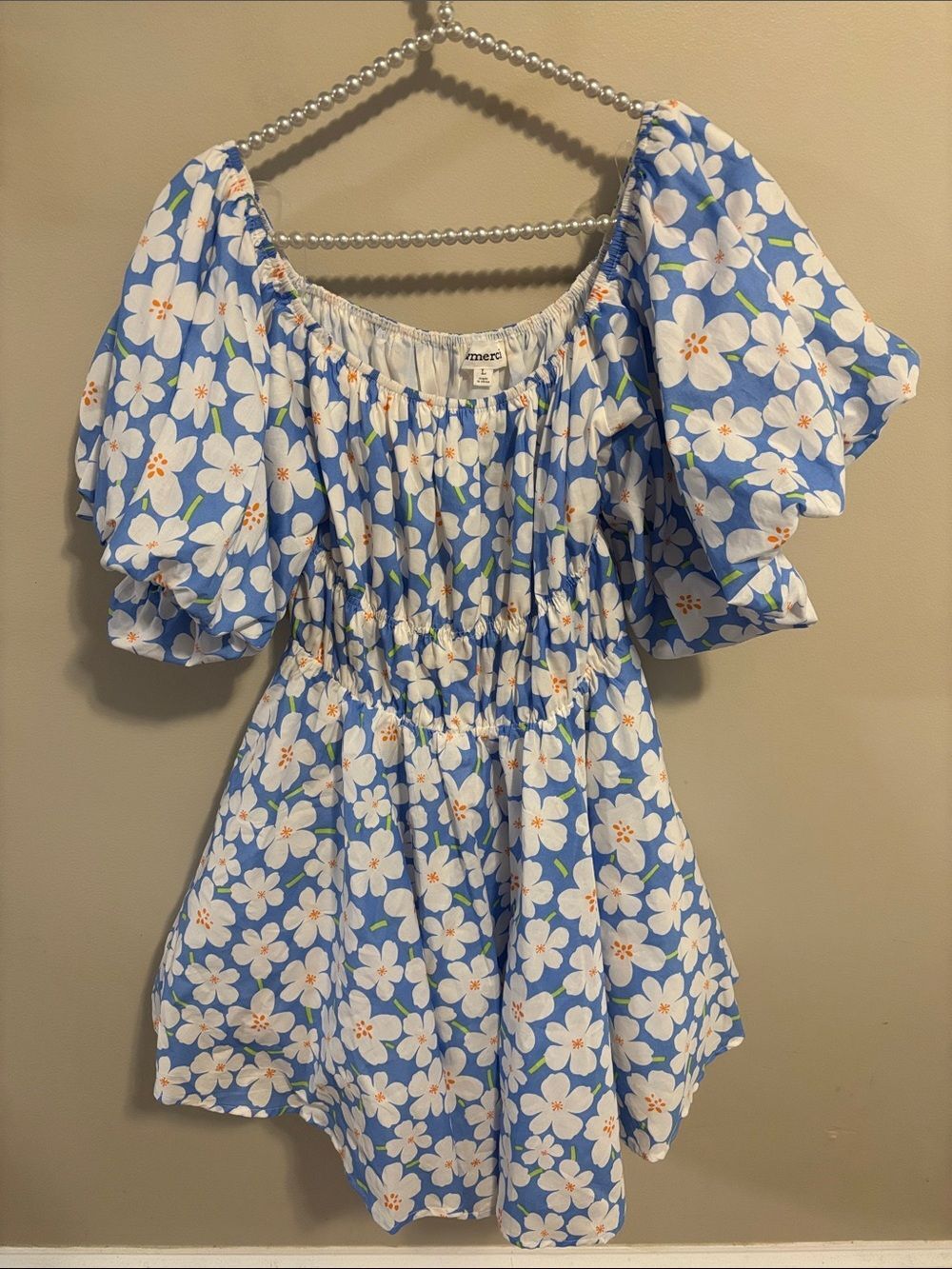 &Merci Blue White Daisy Floral Puff Sleeve Mini Dress Cottagecore Romantic Large